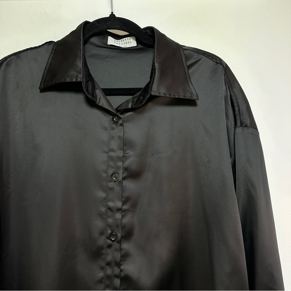 Brunette The Label | Black Silky Satin Long Sleeve Button-Up Shirt - Picture 3 of 10